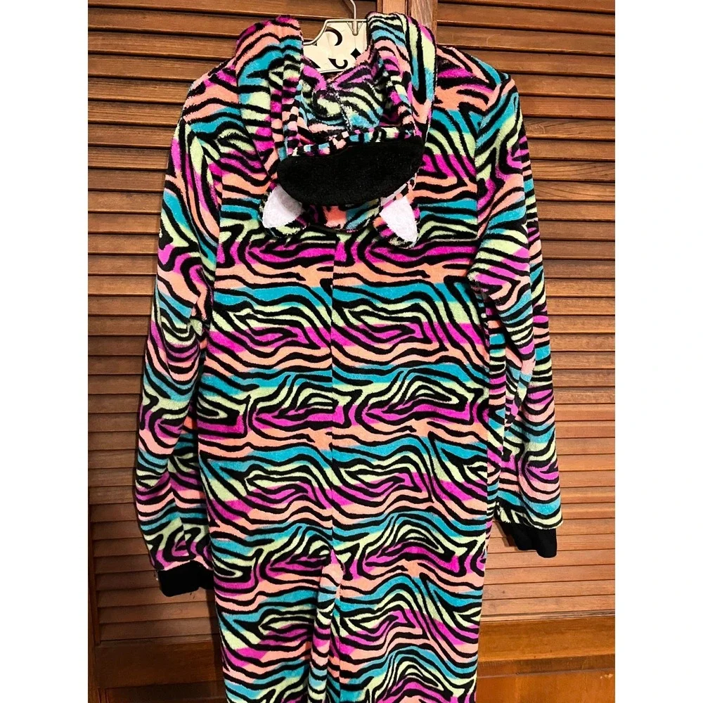 SECRET TREASURES Womens XL Zebra Print Hooded Fleece One Piece Pajama Sleeper 20 - Picture 5 of 9